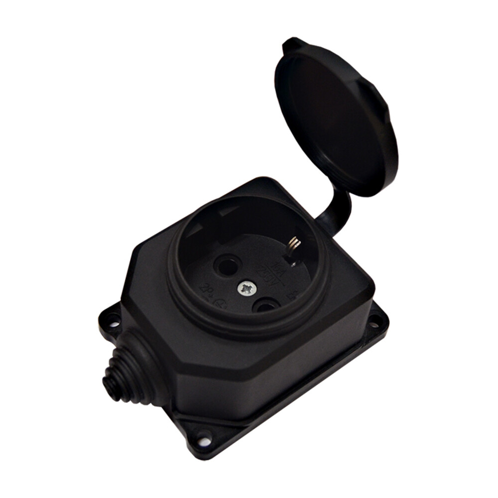 original-13433.jpg Розетка штепсельная UNIVersal одинарная с заземлением IP44 настенная черная — изображение 1