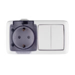 Блок выключатель и розетка Hegel Alfa двухклавишный накладной белый со шторками (БА 16-222)