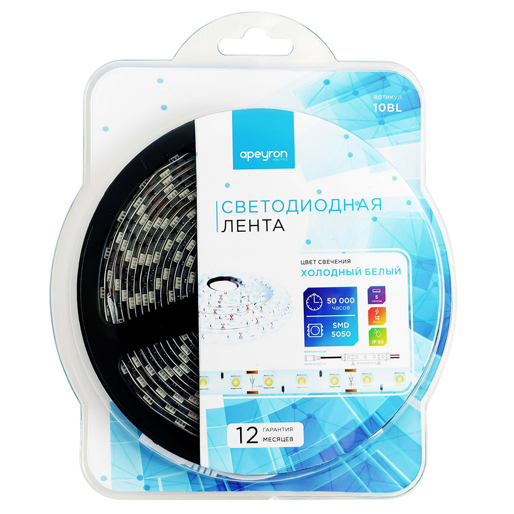 original-35510.jpg Лента светодиодная SMD 5050 6500К 12 В 14,4 Вт/м 5 м IP20 Apeyron (10BL) — изображение 1