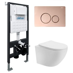 Комплект инсталляции Abber с унитазом Bequem с кнопкой розовое золото и сиденьем микролифт (AC1100T-AC0105-AC0121RG)
